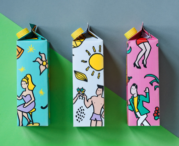 果汁飲料包裝設計，繪出了三組創意插畫，插畫吸取了波普藝術的風格特色