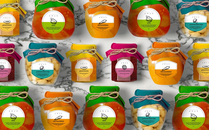 罐裝食品插畫包裝設(shè)計-覆盆子果醬，瓜果醬，腌制蘑菇，蔬菜魚子醬和檸檬汁